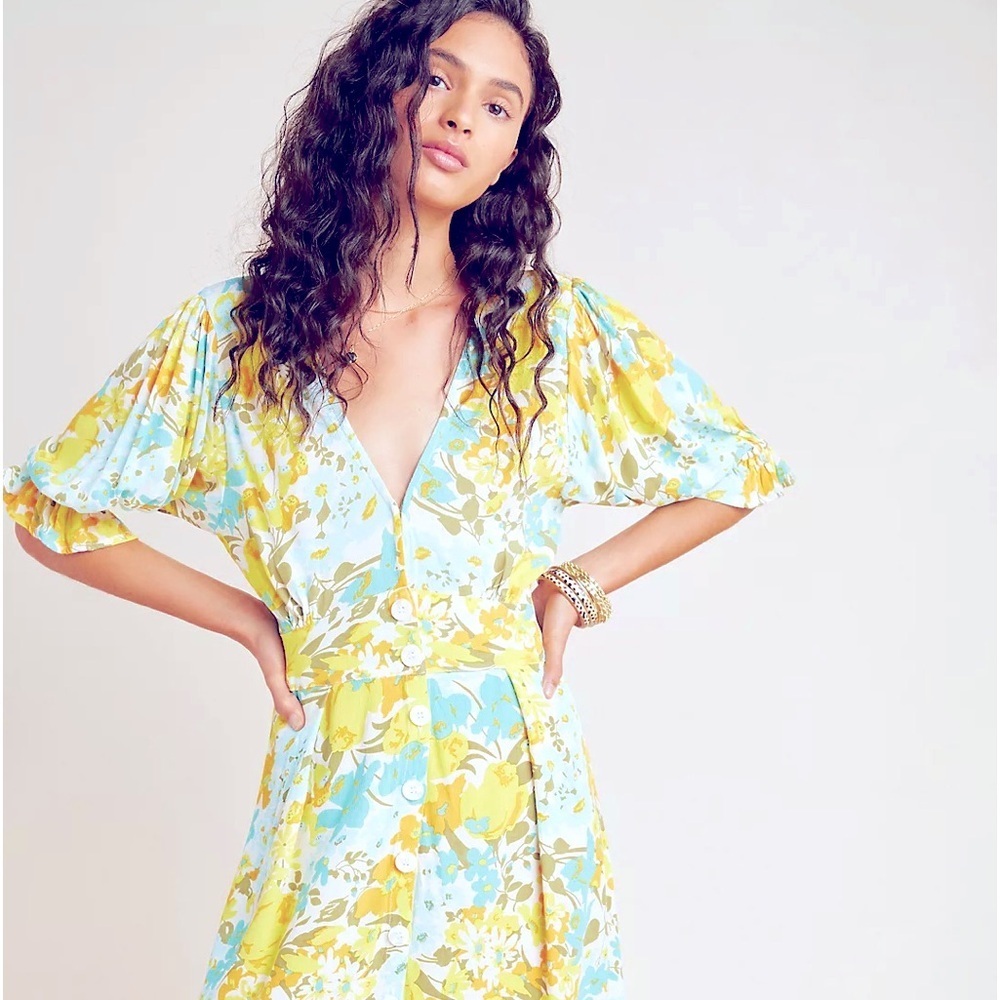 Faithfull the Brand Floral Midi Dress in Blue and Yellow